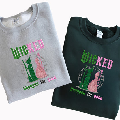 Wicked Pink and Green Change For Good Unisex Embroidered Glitter Sweatshirt, Elphaba and Glinda Sweater, Cotton And Recycled Polyester Blends