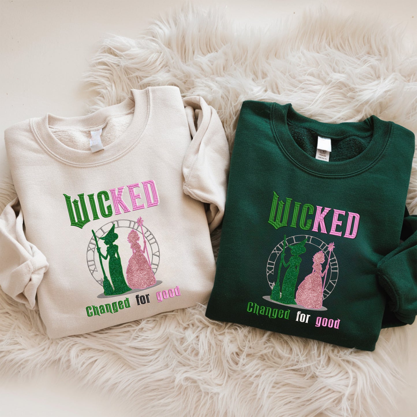 Wicked Pink and Green Change For Good Unisex Embroidered Glitter Sweatshirt, Elphaba and Glinda Sweater, Cotton And Recycled Polyester Blends