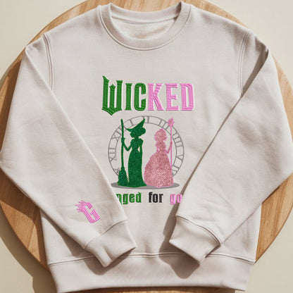 Wicked Pink and Green Change For Good Unisex Embroidered Glitter Sweatshirt, Elphaba and Glinda Sweater, Cotton And Recycled Polyester Blends