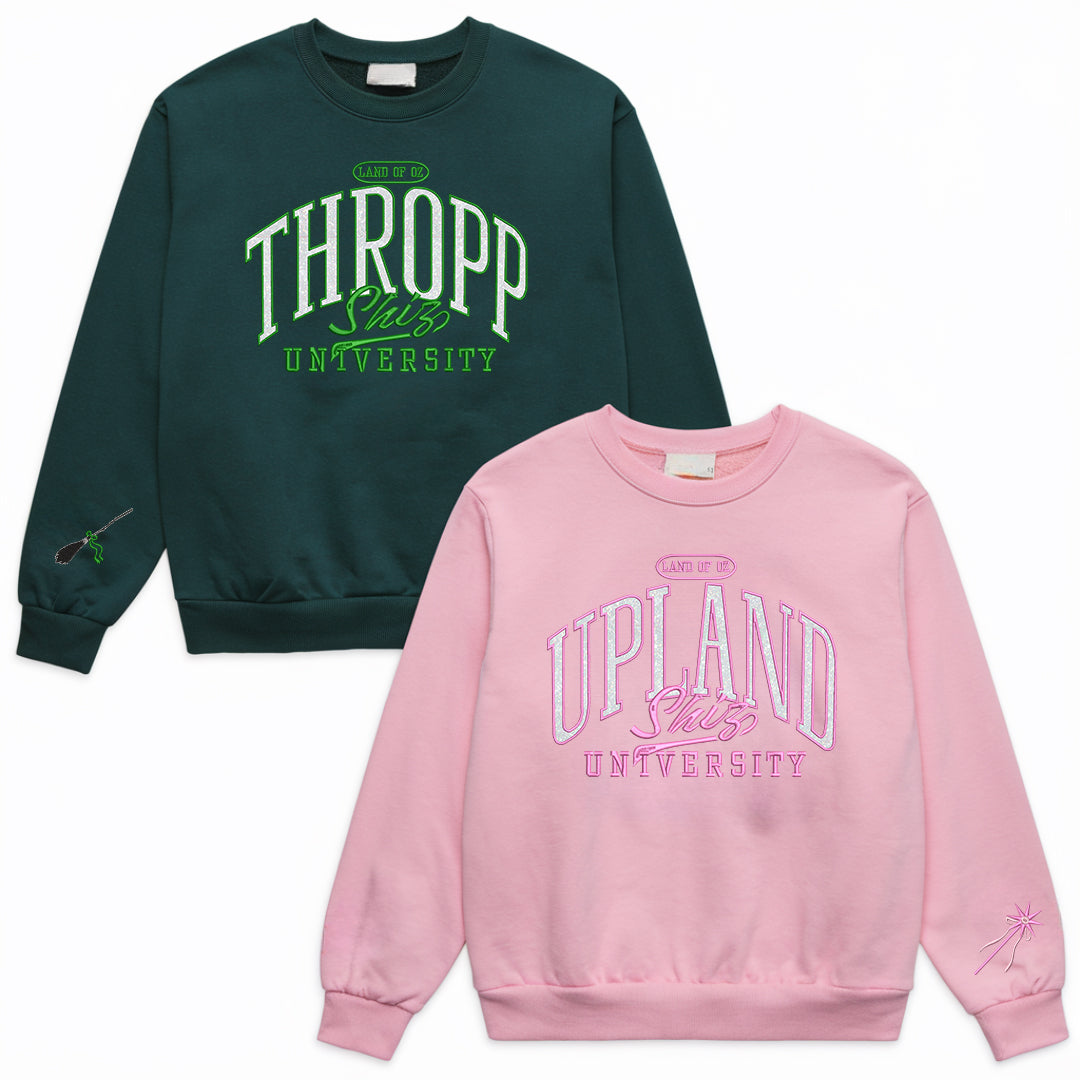 Thropp Upland Shiz University Glitter Embroidered Sweatshirt, Land of Oz Elphaba Glinda Defy Gravity, Wicked Musical Movie Varsity Classic Cotton