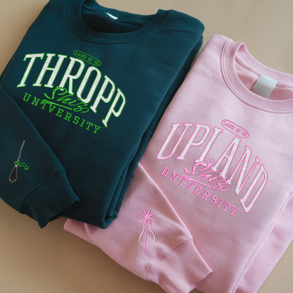 Thropp Upland Shiz University Glitter Embroidered Sweatshirt, Land of Oz Elphaba Glinda Defy Gravity, Wicked Musical Movie Varsity Classic Cotton