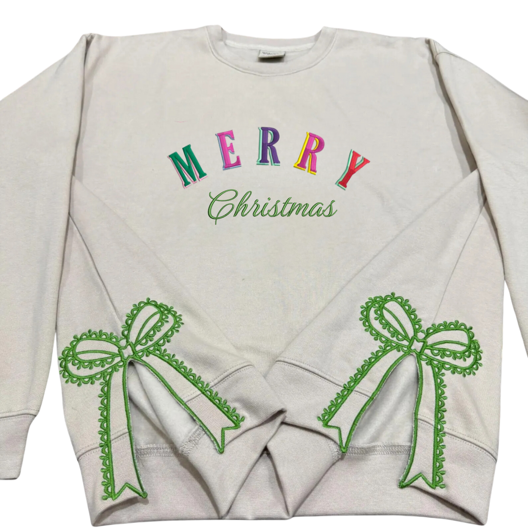 Merry Christmas Ribbon Side Bow Embroidered Sweatshirt, Festive Colorful Winter Style with Decorative Ribbon Bows