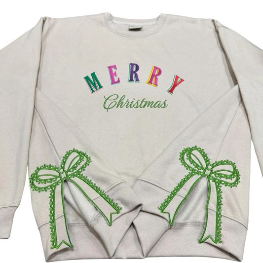 Merry Christmas Ribbon Side Bow Embroidered Sweatshirt, Festive Colorful Winter Style with Decorative Ribbon Bows