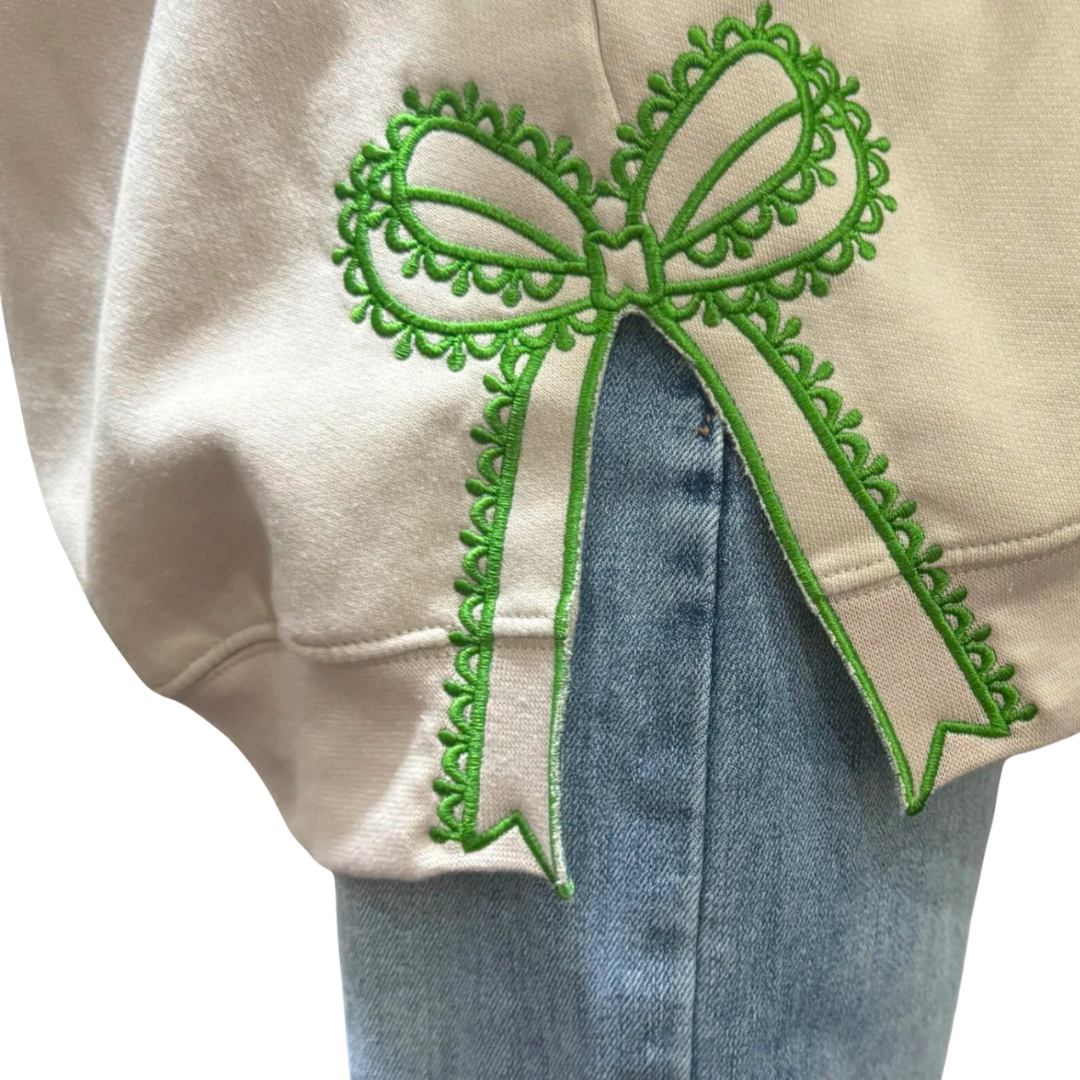 Merry Christmas Ribbon Side Bow Embroidered Sweatshirt, Festive Colorful Winter Style with Decorative Ribbon Bows