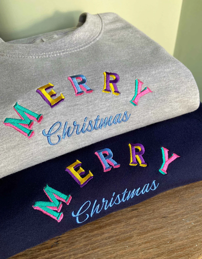 Merry Christmas Ribbon Side Bow Embroidered Sweatshirt, Festive Colorful Winter Style with Decorative Ribbon Bows