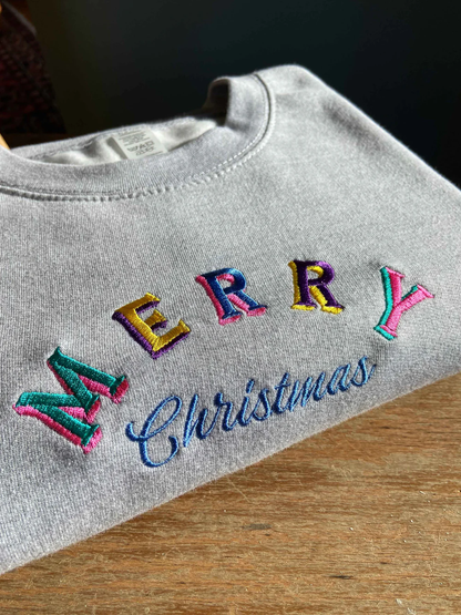 Merry Christmas Ribbon Side Bow Embroidered Sweatshirt, Festive Colorful Winter Style with Decorative Ribbon Bows