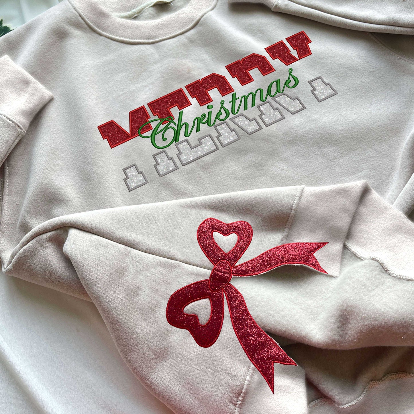 Half Red and Half Silver Glittered Merry Christmas Side Bow Embroidered Sweatshirt, Ribbon Side Bows Embroidered Crewneck