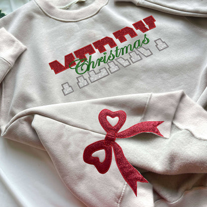 Half Red and Half Silver Glittered Merry Christmas Side Bow Embroidered Sweatshirt, Ribbon Side Bows Embroidered Crewneck