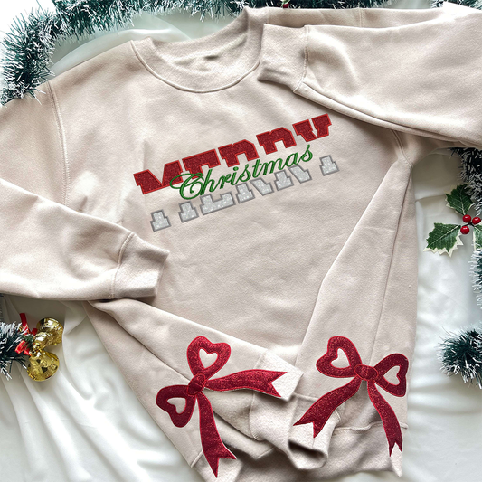 Half Red and Half Silver Glittered Merry Christmas Side Bow Embroidered Sweatshirt, Ribbon Side Bows Embroidered Crewneck