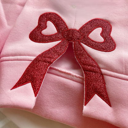 Half Red and Half Silver Glittered Merry Christmas Side Bow Embroidered Sweatshirt, Ribbon Side Bows Embroidered Crewneck