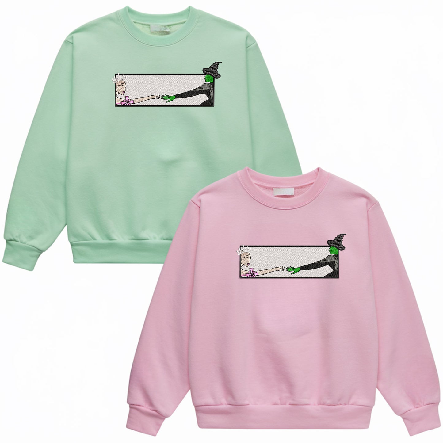 Wicked Glinda and Elphaba Hand Embroidery Sweatshirt – Colorful Defy Gravity Broomstick Magic Wand Design, Wizard of Oz Witch Sweatshirt, Pink and Green Tee, Perfect Gift