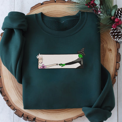 Wicked Glinda and Elphaba Hand Embroidery Sweatshirt – Colorful Defy Gravity Broomstick Magic Wand Design, Wizard of Oz Witch Sweatshirt, Pink and Green Tee, Perfect Gift