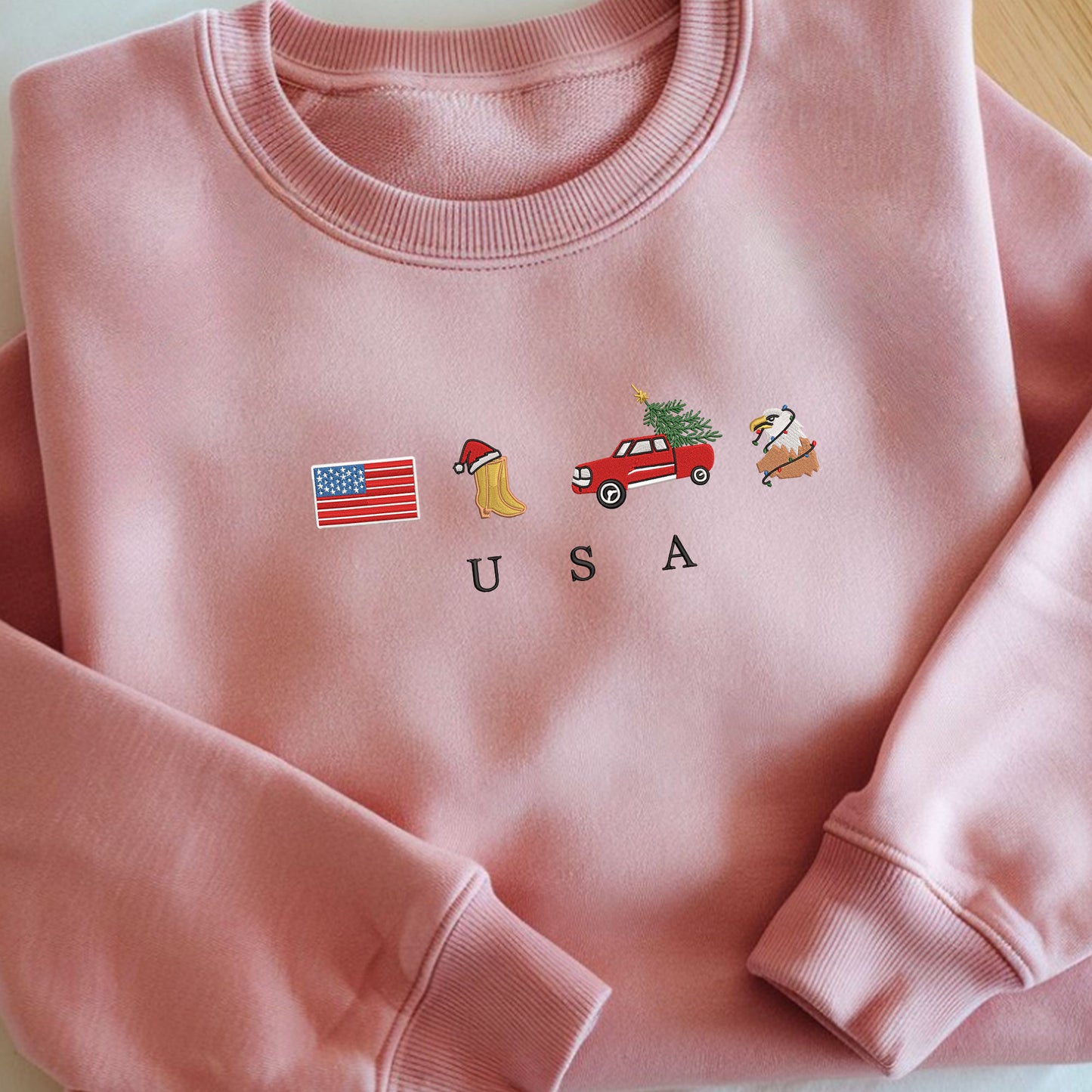 USA Christmas Embroidery Sweatshirt, Cozy, Soft, Flag, Emoji, Symbol, Gift Crewneck