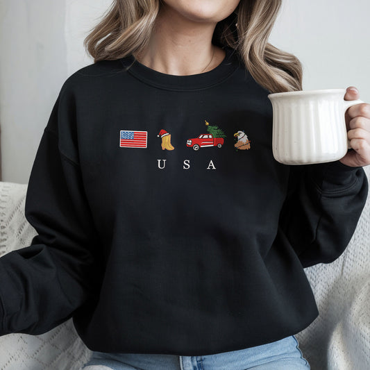 USA Christmas Embroidery Sweatshirt, Cozy, Soft, Flag, Emoji, Symbol, Gift Crewneck