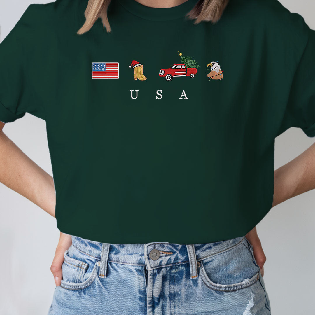 USA Christmas Embroidery Sweatshirt, Cozy, Soft, Flag, Emoji, Symbol, Gift Crewneck