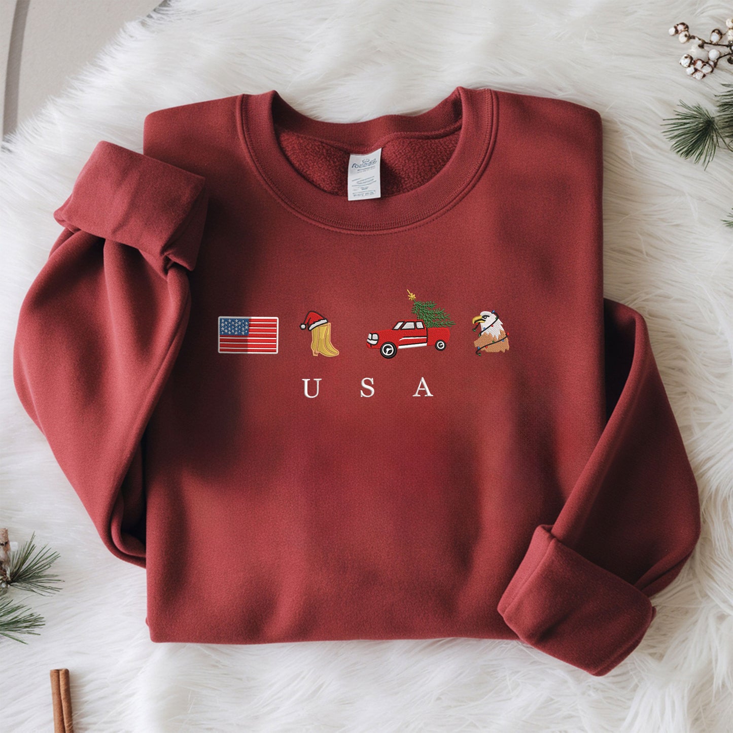 USA Christmas Embroidery Sweatshirt, Cozy, Soft, Flag, Emoji, Symbol, Gift Crewneck