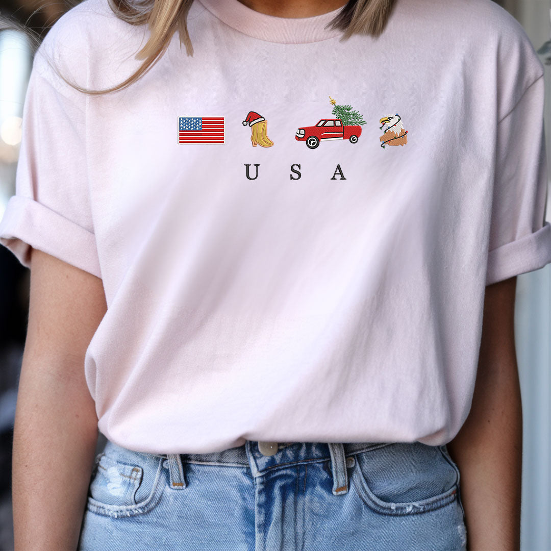 USA Christmas Embroidery Sweatshirt, Cozy, Soft, Flag, Emoji, Symbol, Gift Crewneck