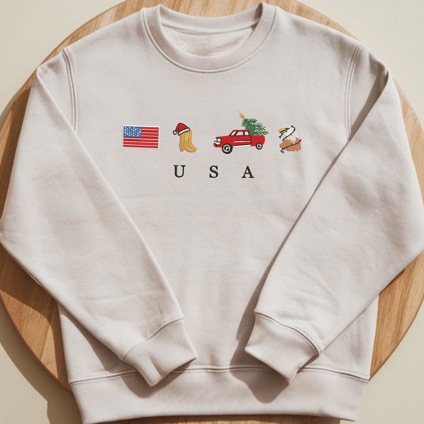 USA Christmas Embroidery Sweatshirt, Cozy, Soft, Flag, Emoji, Symbol, Gift Crewneck