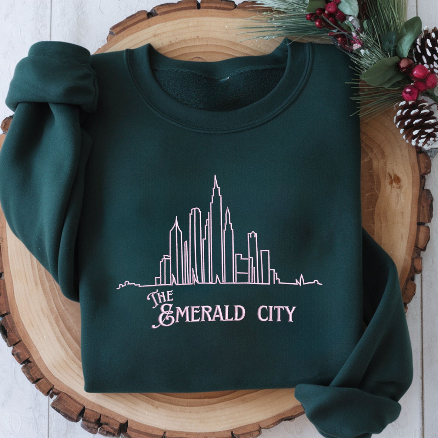 Emerald City Pink On Green Embroidered Sweatshirt, Defying Gravity T-shirt, Broadway Musicals Hoodie, Elphaba And Glinda Fan Gifts For Her