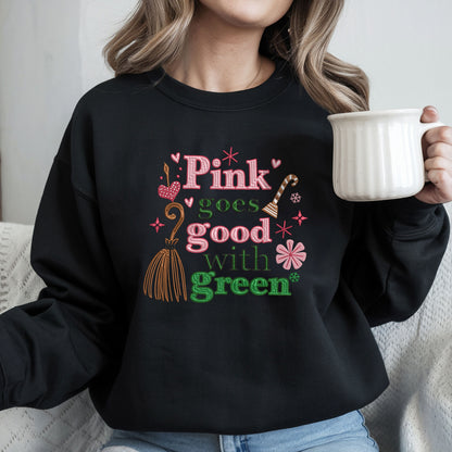 Pink Goes Good With Green Glitter Wicked Embroidered Shirt, Elphaba and Glinda Crewneck Hoodie, Wizard of Oz Gift, Defy Gravity Shirt