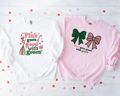 Pink Goes Good With Green Glitter Wicked Embroidered Shirt, Elphaba and Glinda Crewneck Hoodie, Wizard of Oz Gift, Defy Gravity Shirt