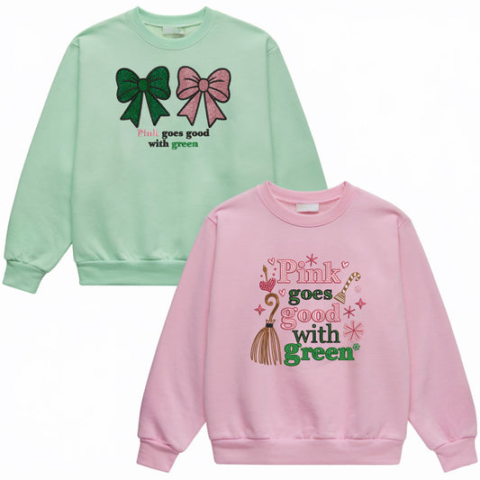 Pink Goes Good With Green Glitter Wicked Embroidered Shirt, Elphaba and Glinda Crewneck Hoodie, Wizard of Oz Gift, Defy Gravity Shirt