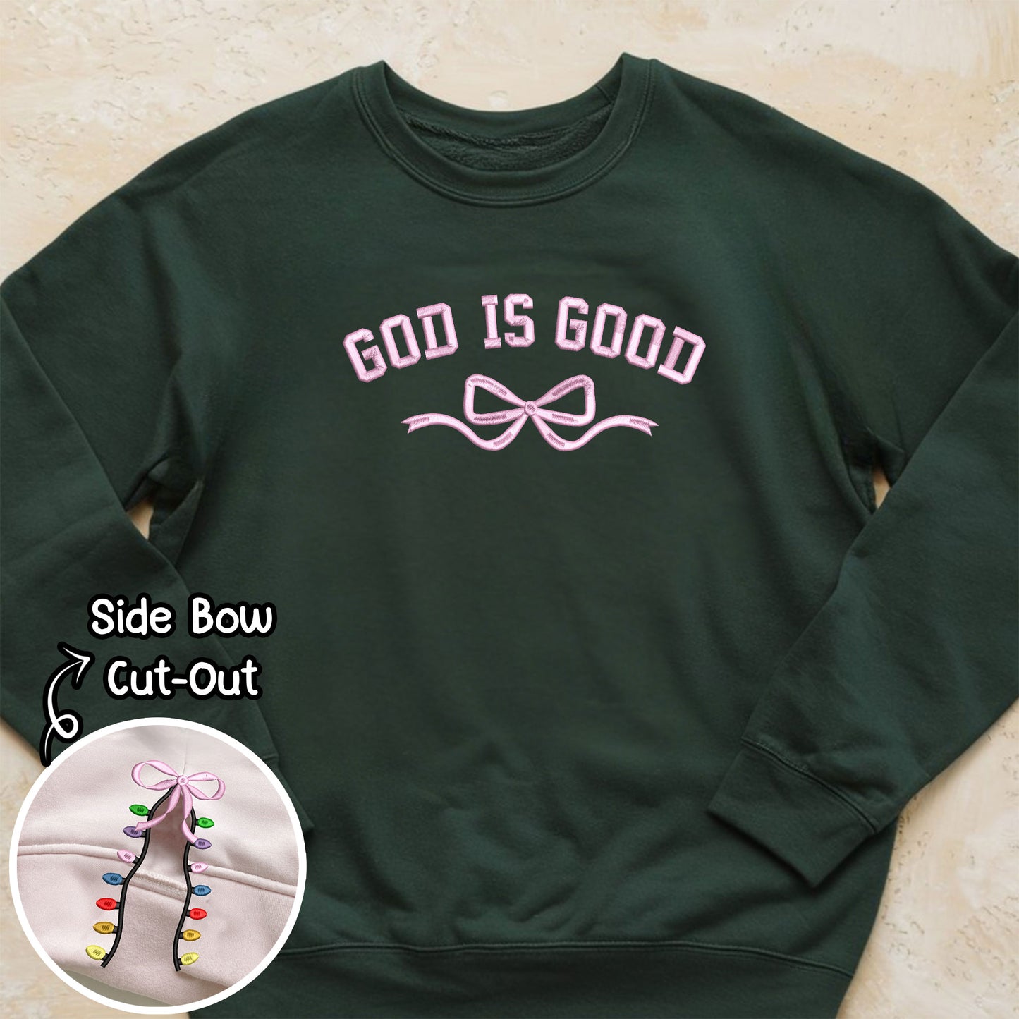 Christmas Jesus Embroidery Sweatshirt, God Is Good Embroidery Crewneck, Christmas Embroidery Hoodie, Coquette Side Bow