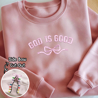 Christmas Jesus Embroidery Sweatshirt, God Is Good Embroidery Crewneck, Christmas Embroidery Hoodie, Coquette Side Bow