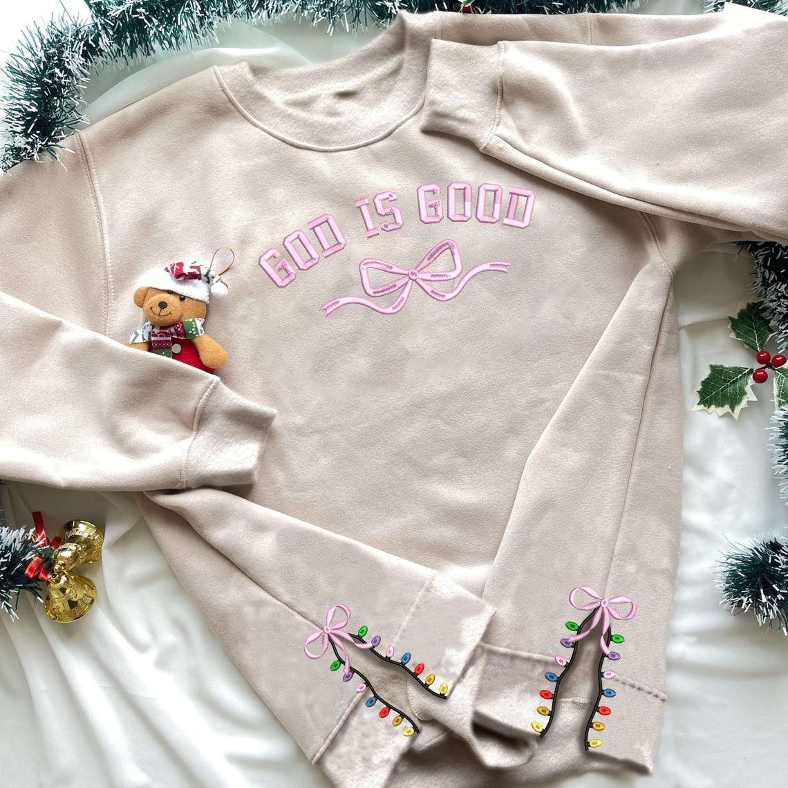 Christmas Jesus Embroidery Sweatshirt, God Is Good Embroidery Crewneck, Christmas Embroidery Hoodie, Coquette Side Bow