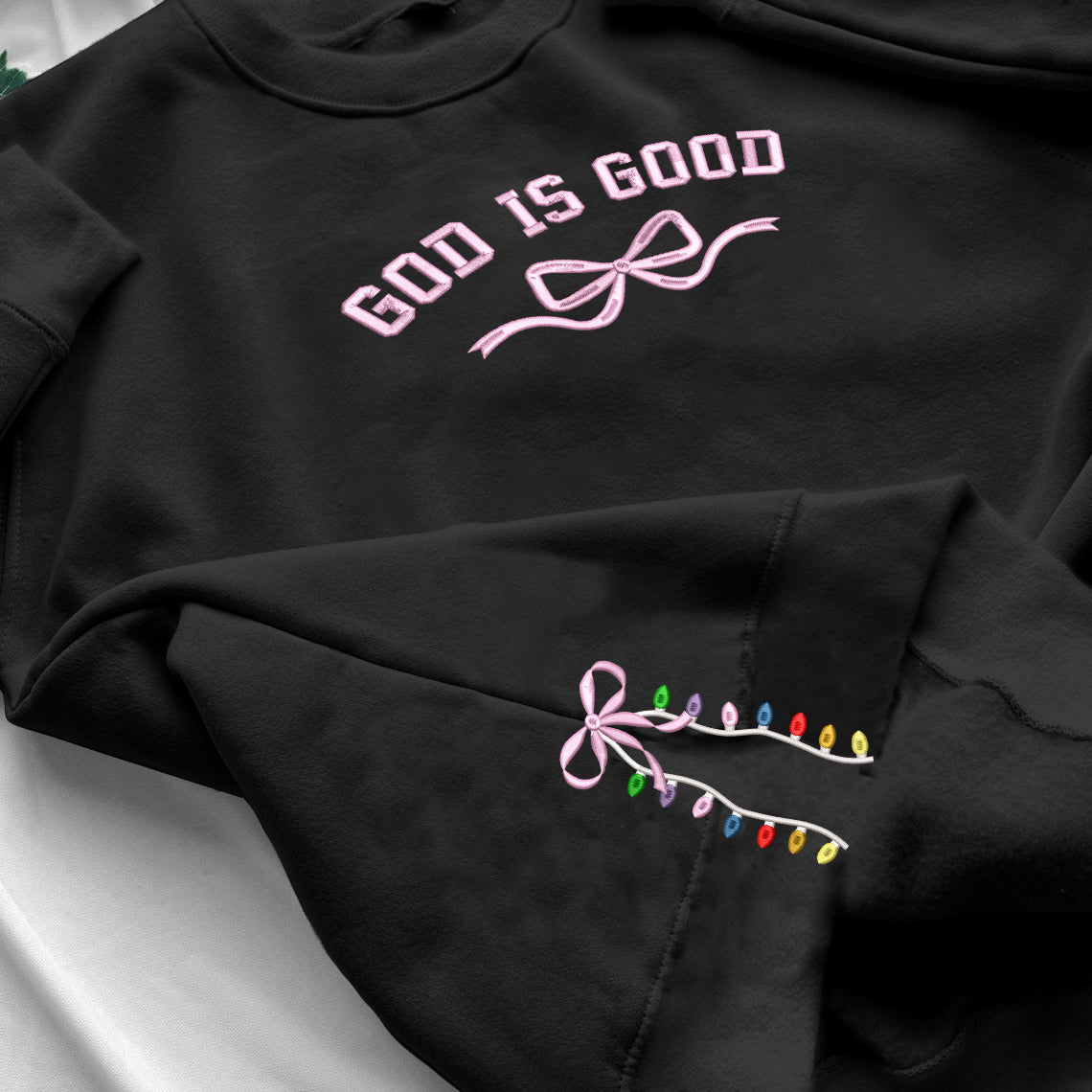 Christmas Jesus Embroidery Sweatshirt, God Is Good Embroidery Crewneck, Christmas Embroidery Hoodie, Coquette Side Bow