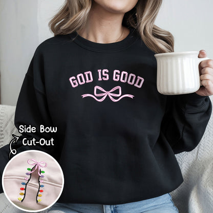 Christmas Jesus Embroidery Sweatshirt, God Is Good Embroidery Crewneck, Christmas Embroidery Hoodie, Coquette Side Bow