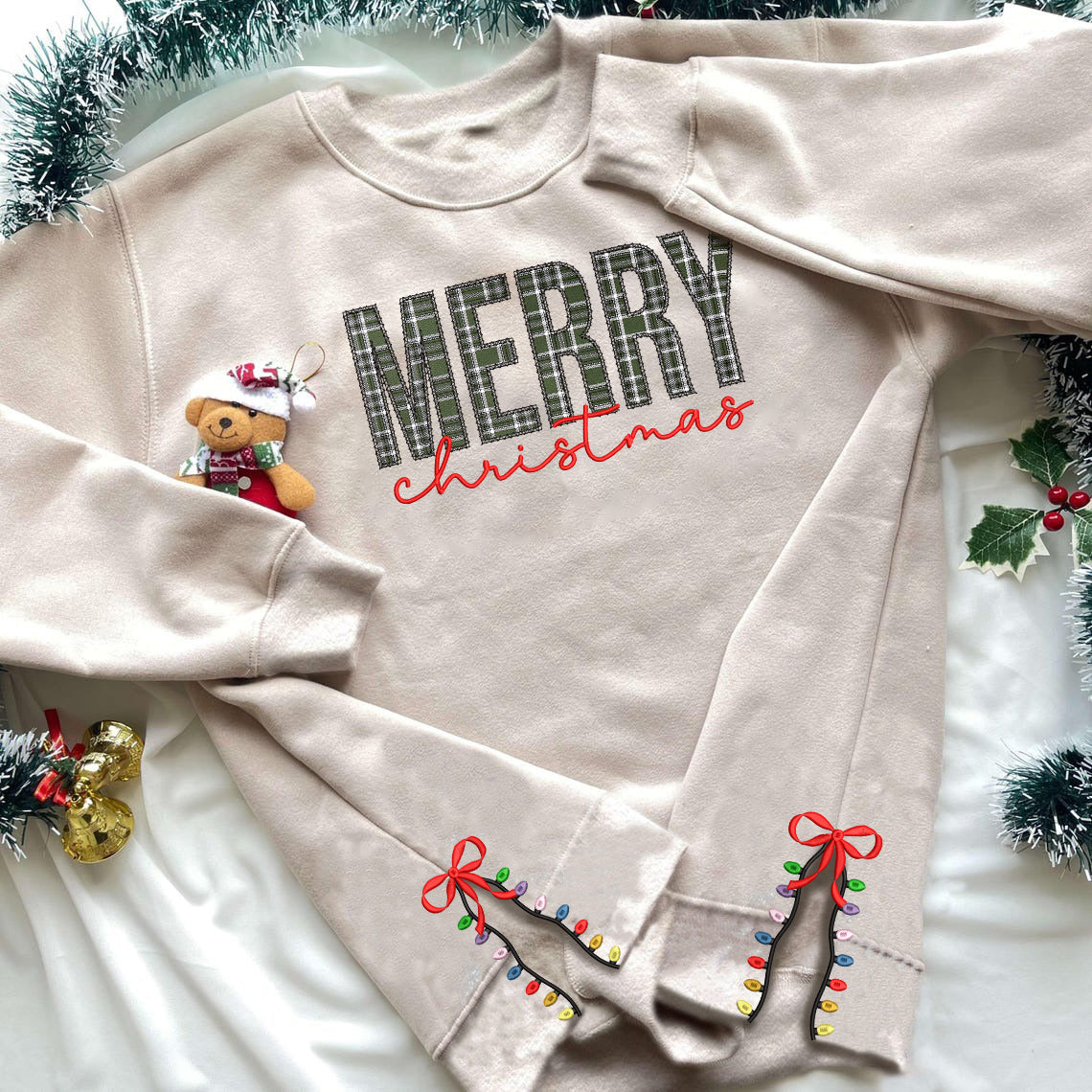 Merry Christmas Sleeve Detail Sweatshirt, Festive Embroidered Hoodie, Cozy Holiday Top, Christmas Lights Pattern