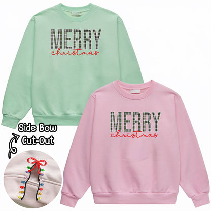 Merry Christmas Sleeve Detail Sweatshirt, Festive Embroidered Hoodie, Cozy Holiday Top, Christmas Lights Pattern