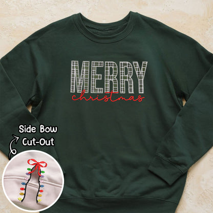 Merry Christmas Sleeve Detail Sweatshirt, Festive Embroidered Hoodie, Cozy Holiday Top, Christmas Lights Pattern