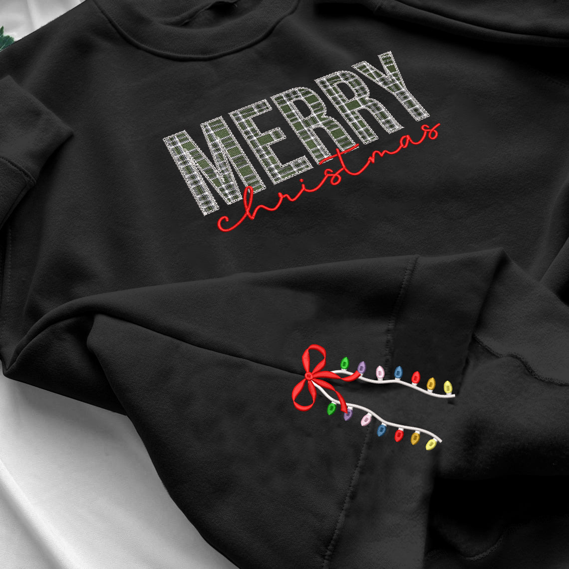 Merry Christmas Sleeve Detail Sweatshirt, Festive Embroidered Hoodie, Cozy Holiday Top, Christmas Lights Pattern