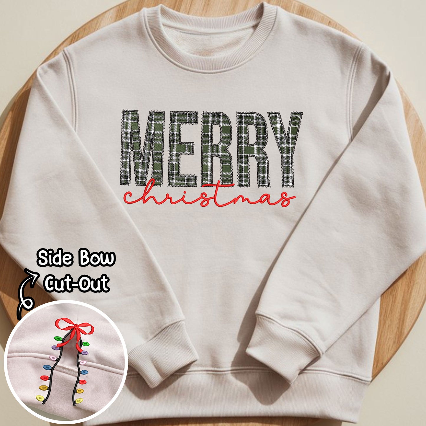 Merry Christmas Sleeve Detail Sweatshirt, Festive Embroidered Hoodie, Cozy Holiday Top, Christmas Lights Pattern