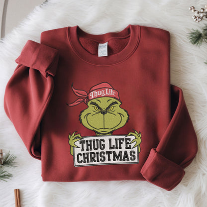 Thug Life Christmas Embroidered Sweatshirt, Grinchmas Thug Life, Holiday Crewneck Christmas, Movie Stars Retro Sweater, Xmas gifts Classic Cotton