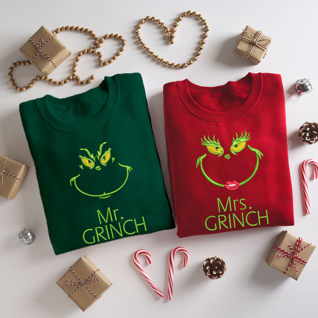 Mr Mrs Grinchy Matching Christmas Embroidered Sweatshirt, Matching Couples Sweatshirts, Christmas Embroidery Matching