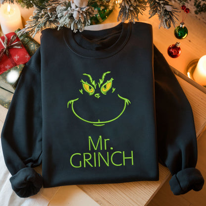 Mr Mrs Grinchy Matching Christmas Embroidered Sweatshirt, Matching Couples Sweatshirts, Christmas Embroidery Matching