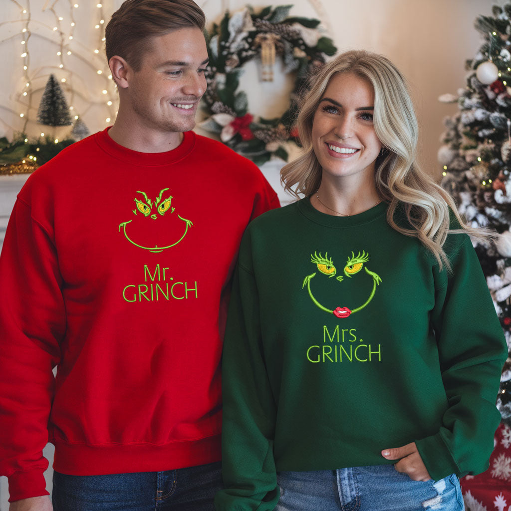 Mr Mrs Grinchy Matching Christmas Embroidered Sweatshirt, Matching Couples Sweatshirts, Christmas Embroidery Matching