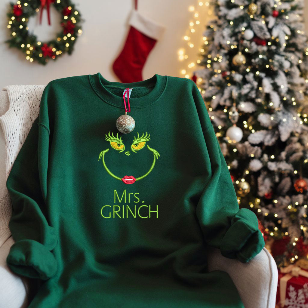 Mr Mrs Grinchy Matching Christmas Embroidered Sweatshirt, Matching Couples Sweatshirts, Christmas Embroidery Matching