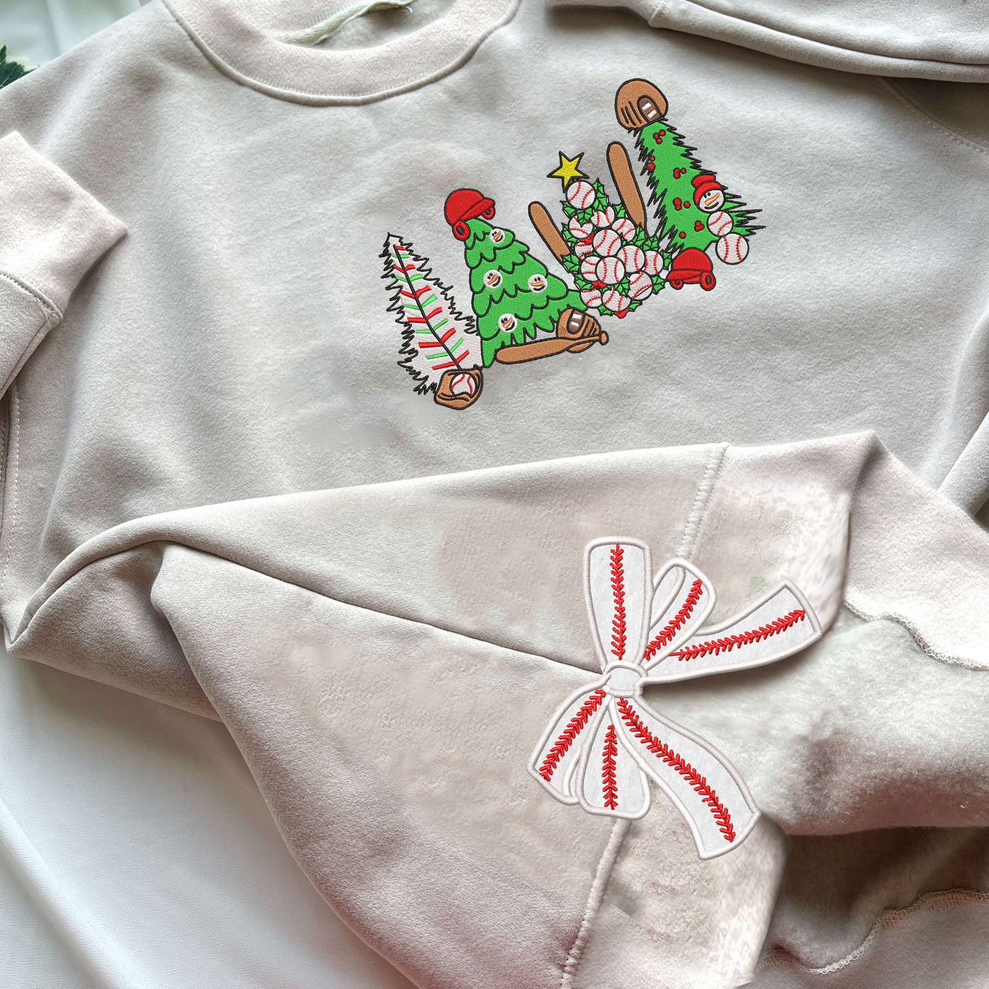 Baseball Christmas Tree Side Bow Embroidered Sweatshirt, Christmas Tree Baseball Shirt, Sports Girly Bow, Christmas Bow Sweatshirt