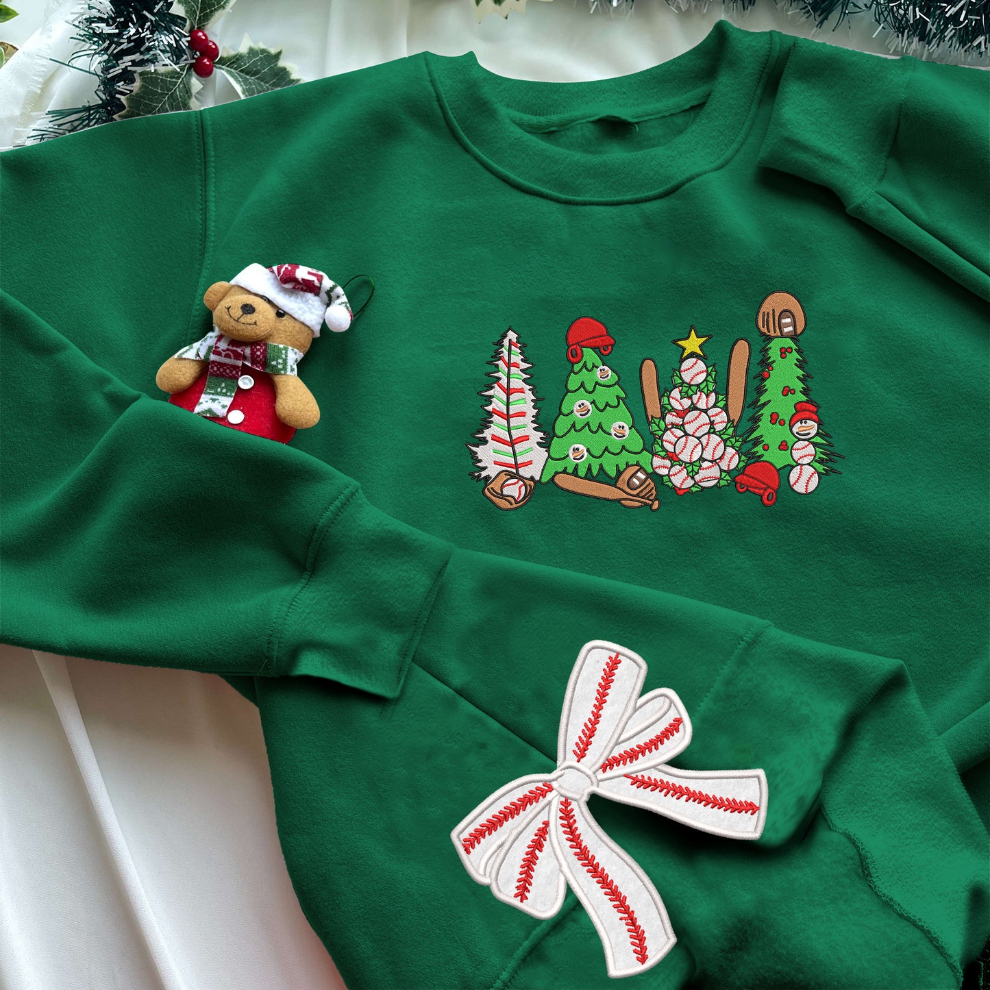 Baseball Christmas Tree Side Bow Embroidered Sweatshirt, Christmas Tree Baseball Shirt, Sports Girly Bow, Christmas Bow Sweatshirt