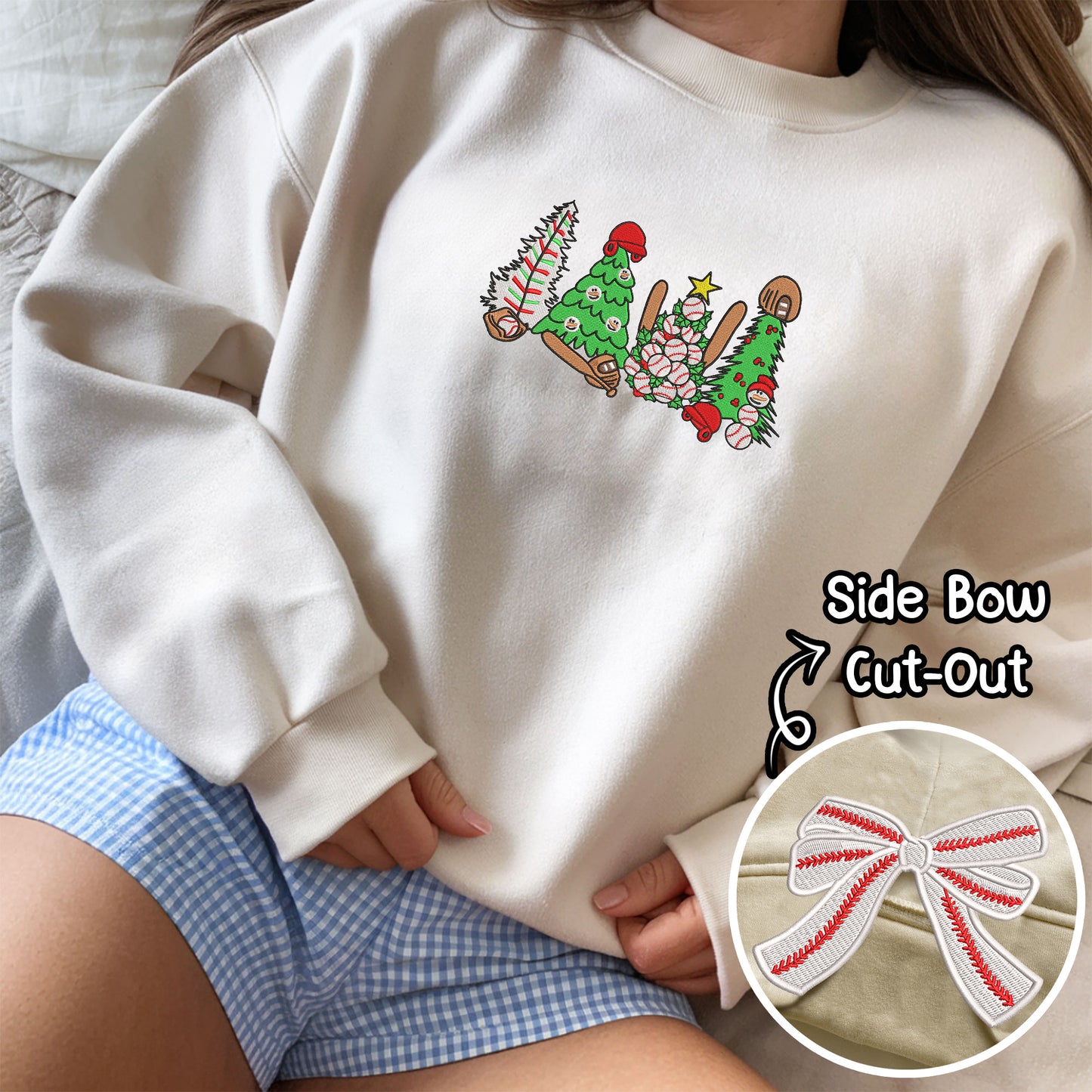 Baseball Christmas Tree Side Bow Embroidered Sweatshirt, Christmas Tree Baseball Shirt, Sports Girly Bow, Christmas Bow Sweatshirt