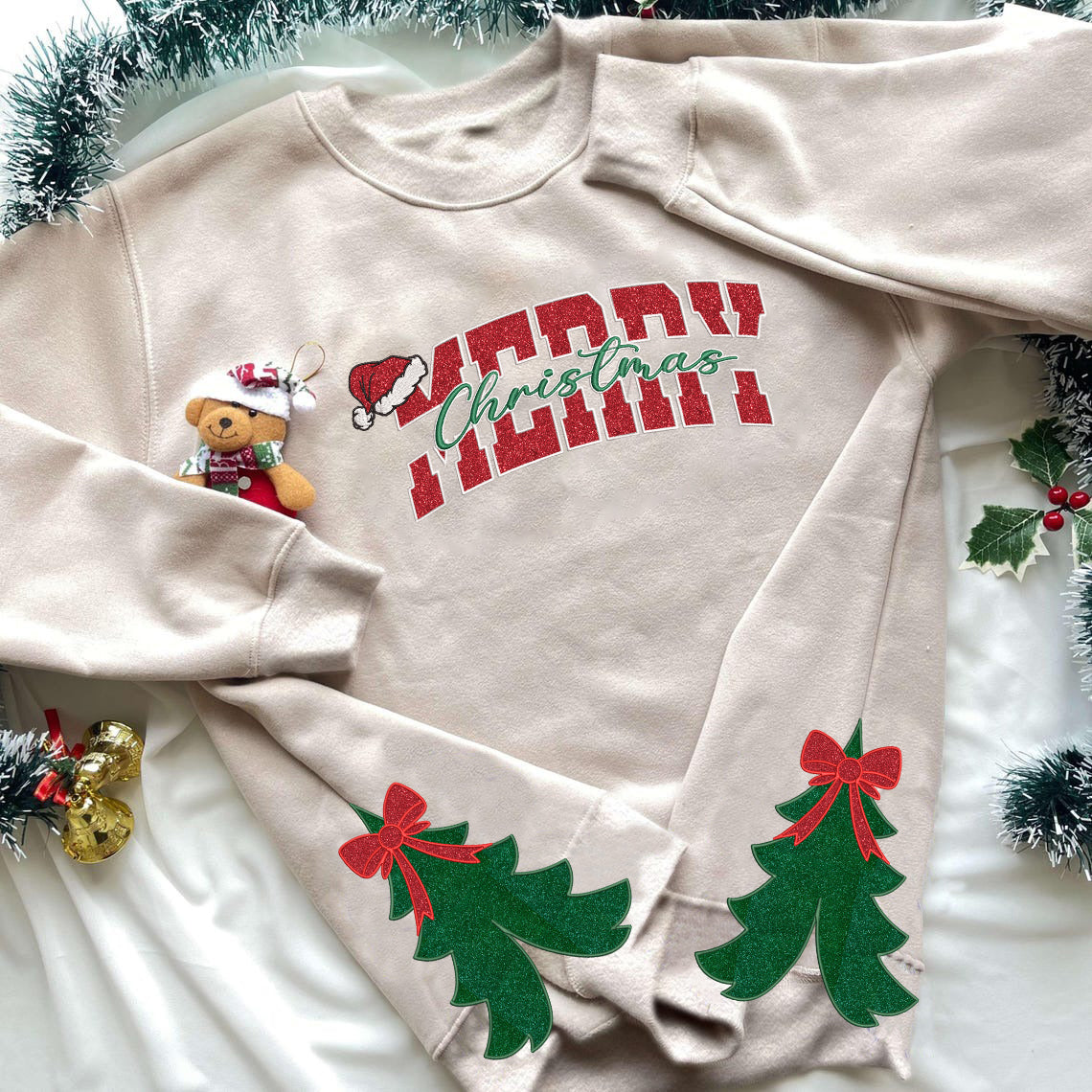 Glittered Merry Christmas Side Bow Embroidered Sweatshirt, Ribbon Chirtsmas Tree Side Bows Embroidered Crewneck