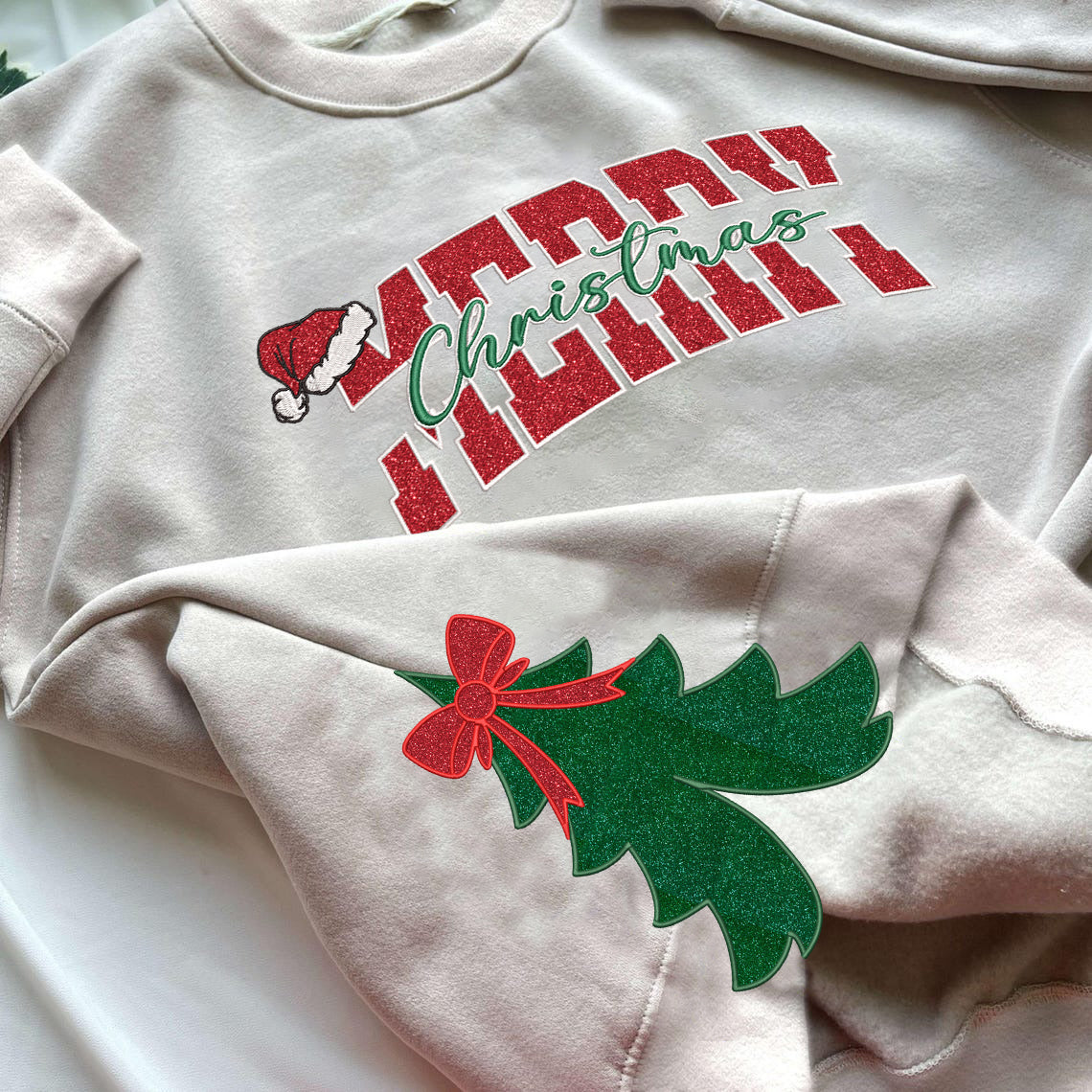 Glittered Merry Christmas Side Bow Embroidered Sweatshirt, Ribbon Chirtsmas Tree Side Bows Embroidered Crewneck