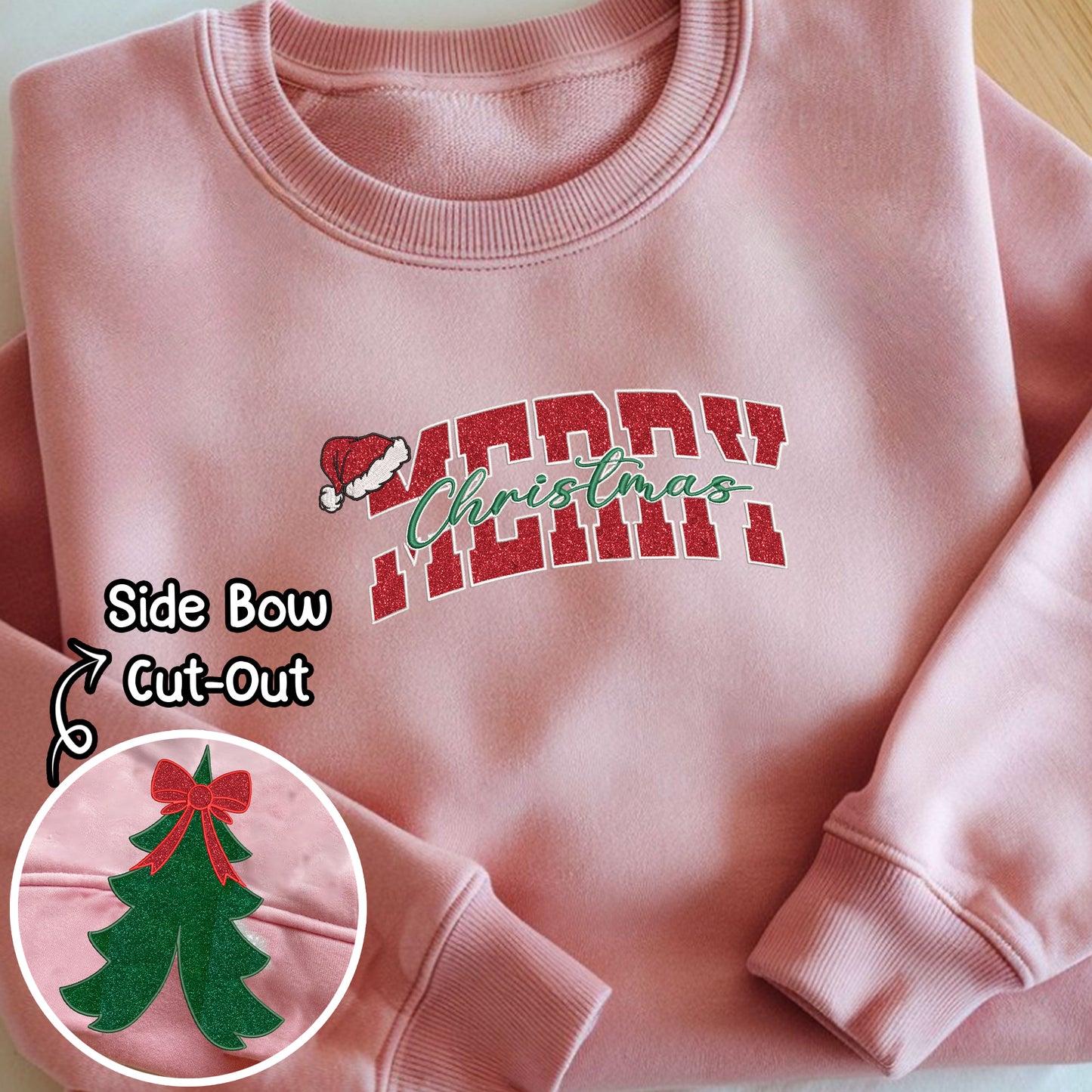 Glittered Merry Christmas Side Bow Embroidered Sweatshirt, Ribbon Chirtsmas Tree Side Bows Embroidered Crewneck