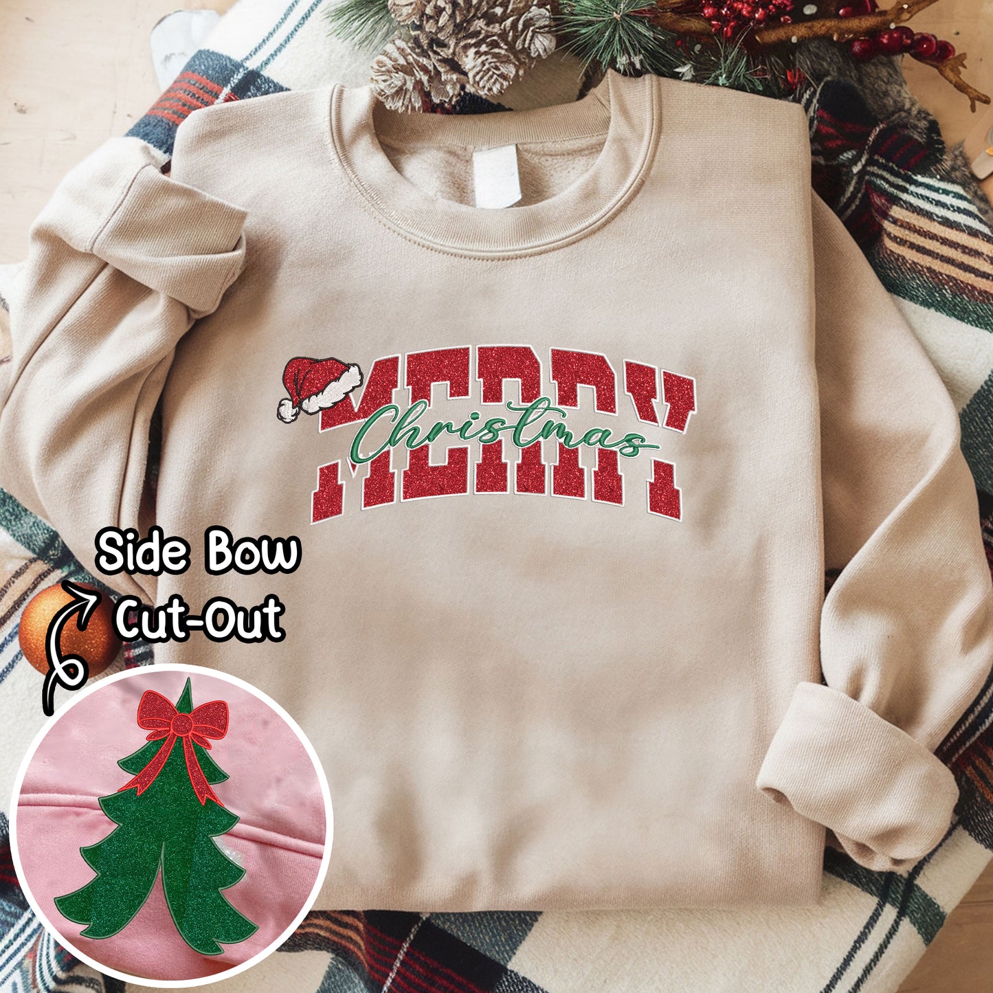 Glittered Merry Christmas Side Bow Embroidered Sweatshirt, Ribbon Chirtsmas Tree Side Bows Embroidered Crewneck