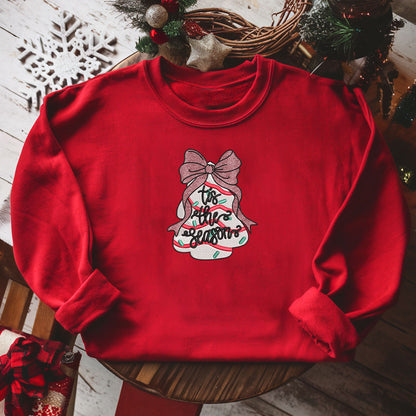 Tis The Season Coquette Christmas Tree Cake Embroidered Sweatshirt, Coquette Giltter Pink Bow, Crewneck Pullovers Sweatshirt Xmas