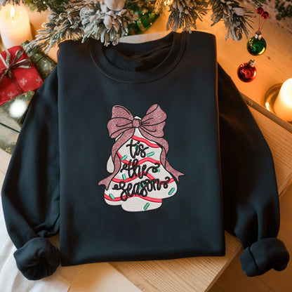 Tis The Season Coquette Christmas Tree Cake Embroidered Sweatshirt, Coquette Giltter Pink Bow, Crewneck Pullovers Sweatshirt Xmas